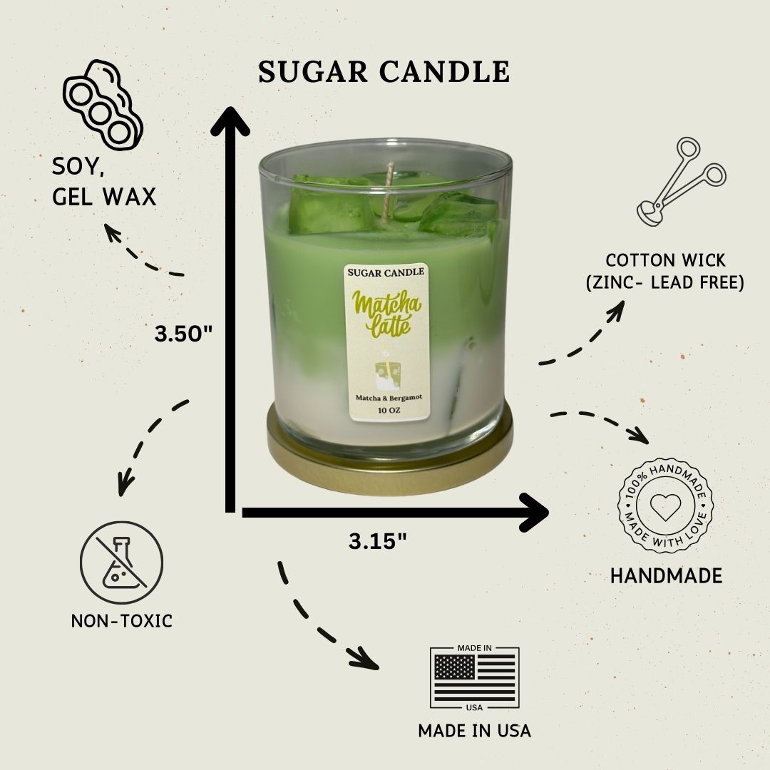 Matcha Candle – Handmade Soy & Gel Wax | Matcha & Bergamot Scent, Realistic Iced Caffee Candle, 10 oz, 55+ hrs - Sugar Candle