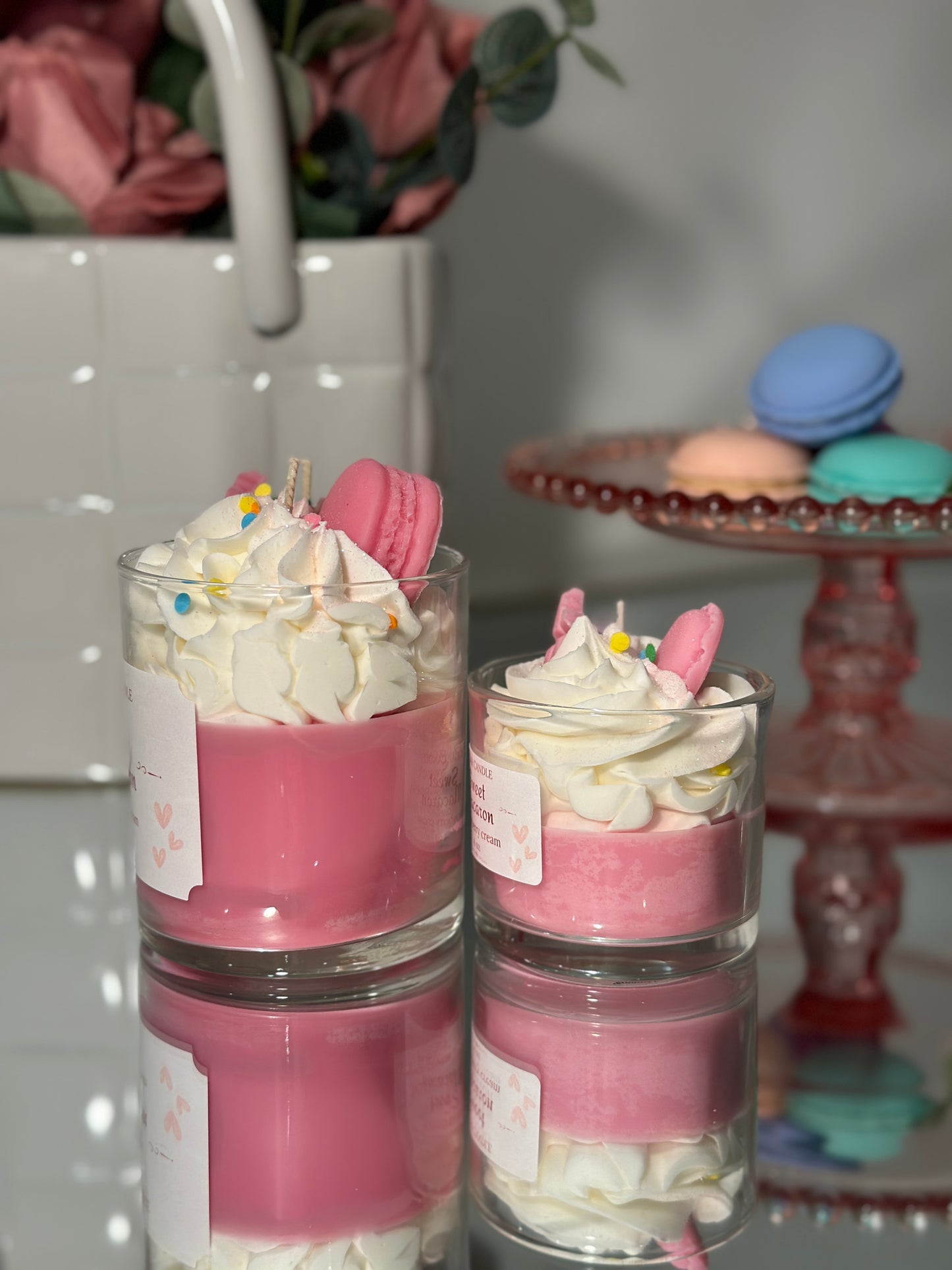 Strawberry Cream Macaron Candle – Scented Gift & Home Decor - Sugar Candle