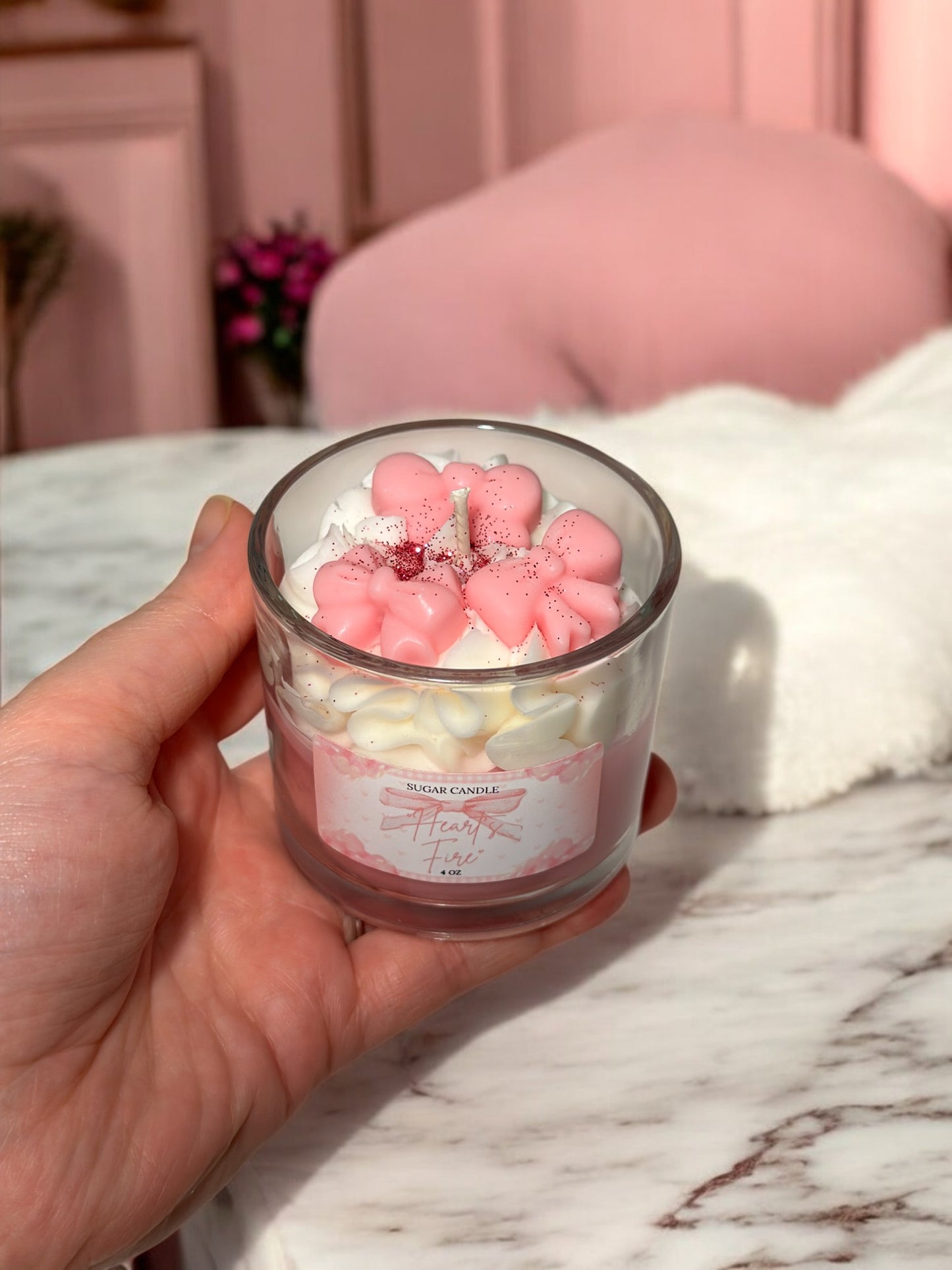 Hearts Fire Pink Candle – sweet strawberry shortcake scented candle for gifts & home decor 🍓🕯️ - Sugar Candle