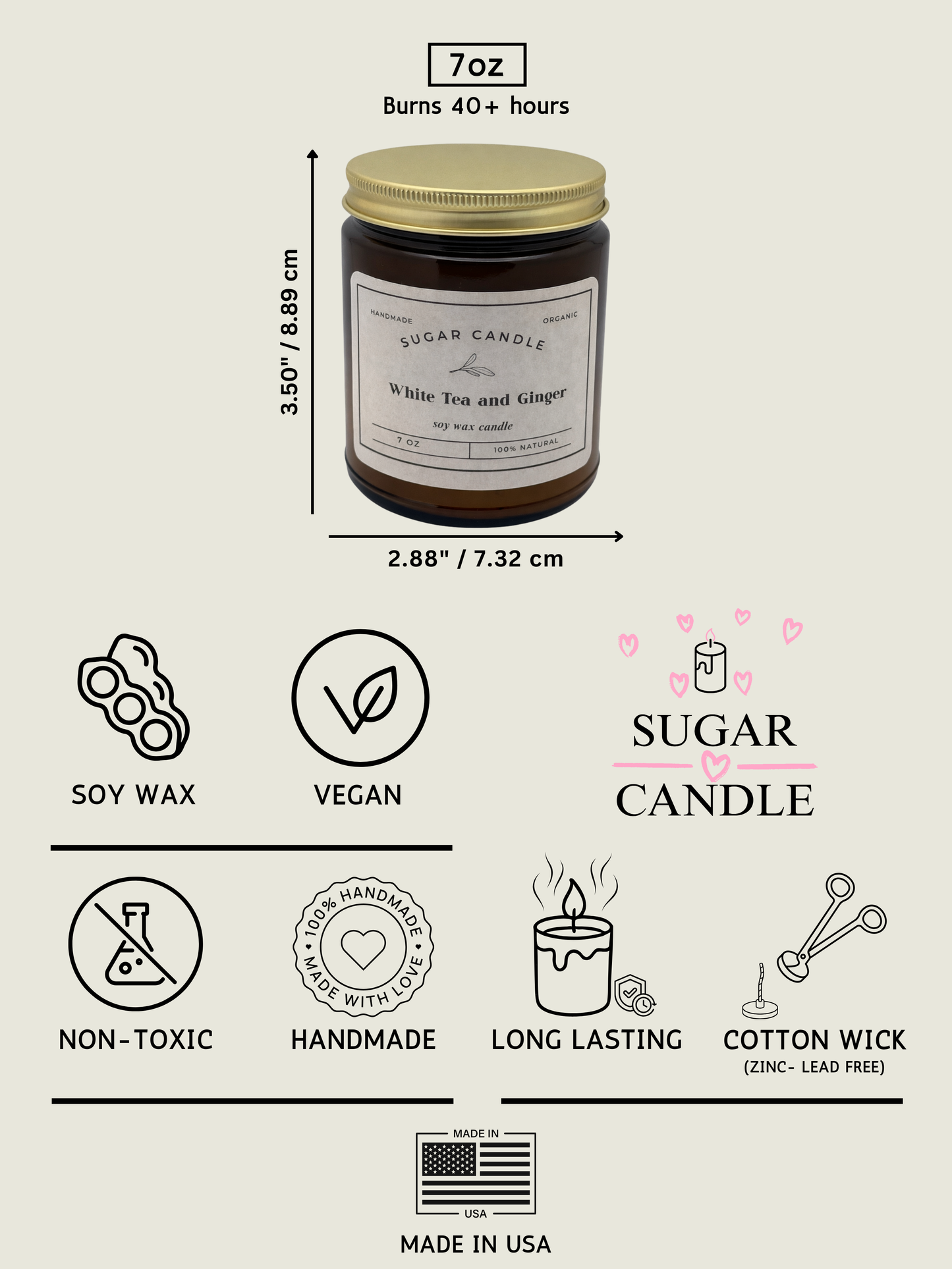 Sugar Candle jar with dimensions, features, and certifications on a beige background