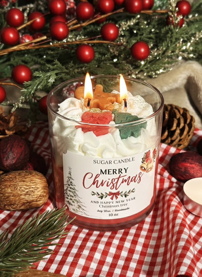 Lit Christmas-themed candle with decorative elements on a tablecloth.