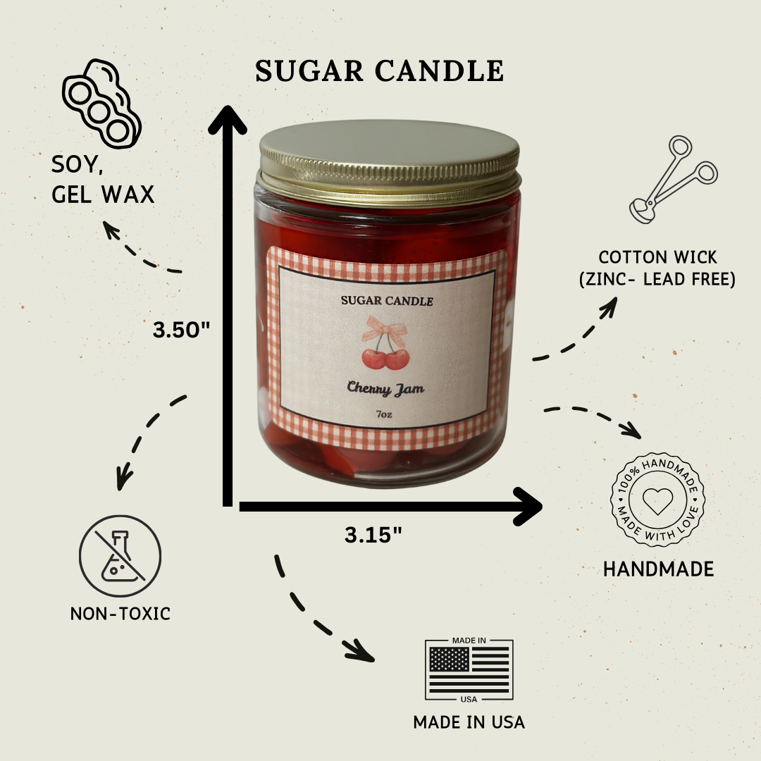 Cherry Jam Candle – Handmade Soy & Gel Wax | Fresh Cherry Scent, Golden Lid, 3.5 oz & 7 oz - Sugar Candle