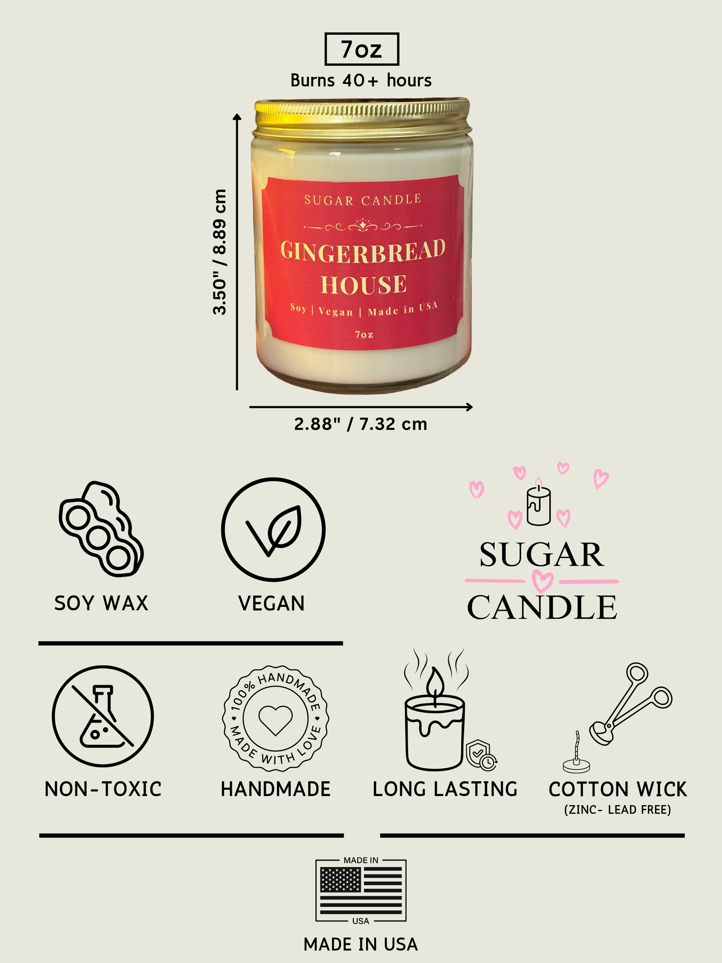 Gingerbread House candle with dimensions, features, and certification icons on a beige background