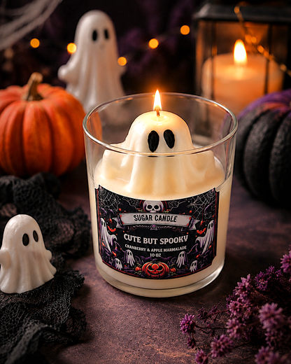A Halloween-themed sugar candle in a clear glass jar with a white ghost-shaped wax top and a black label reading 'Cute But Spooky.' The candle is styled on a dark tabletop with a pumpkin, small ghost figurine, black fabric, and warm blurred lights in the background.