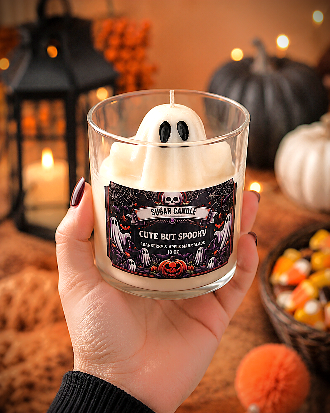 Cute But Spooky Ghost Candle – Cranberry Apple Marmalade Scented Halloween Candle, 10 oz Vegan Soy Wax Candle, Spooky Fall Decor Gift