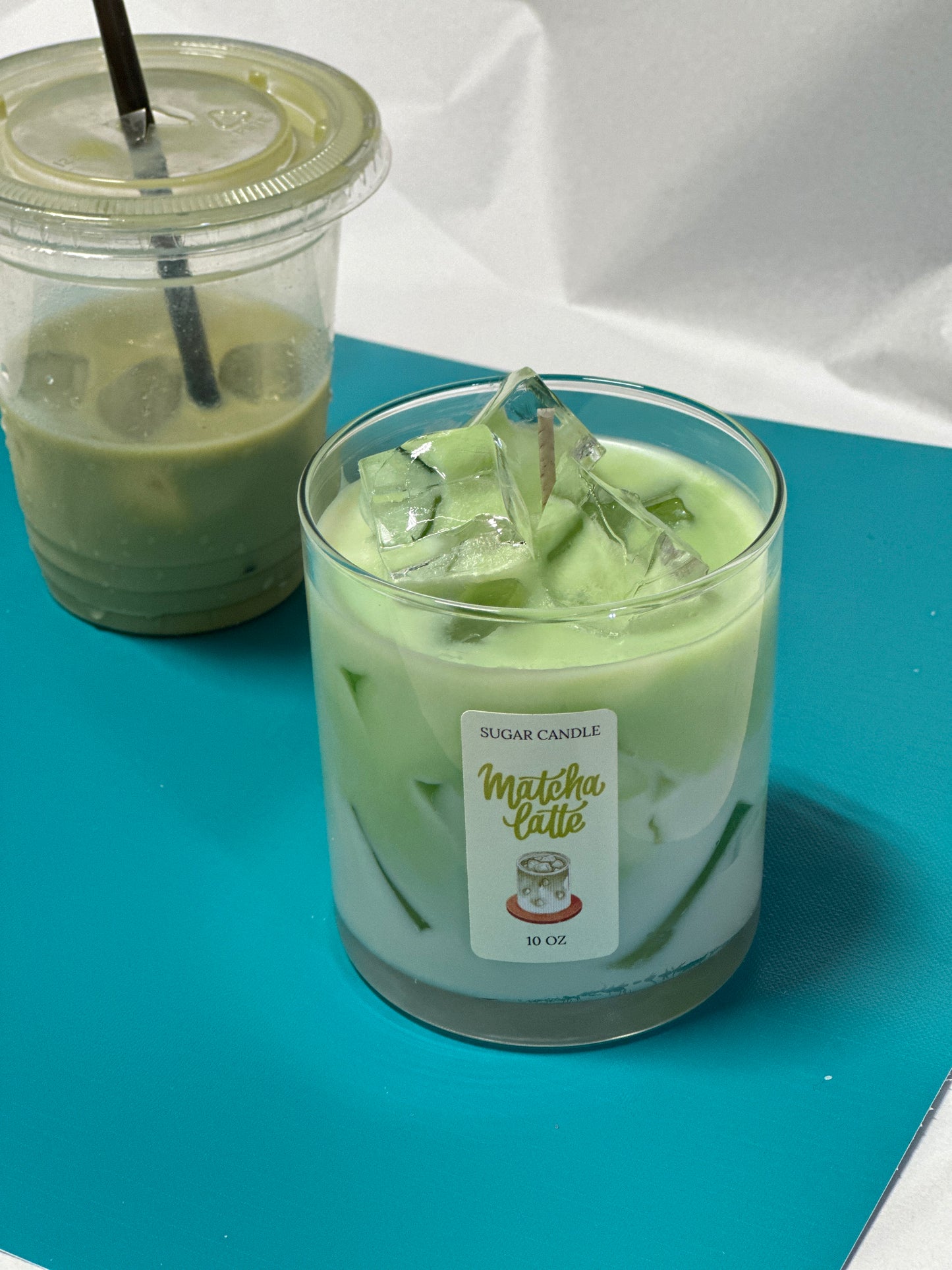 Matcha Latte Soy Candle – Handcrafted Dessert Candle with Ice Cube Look