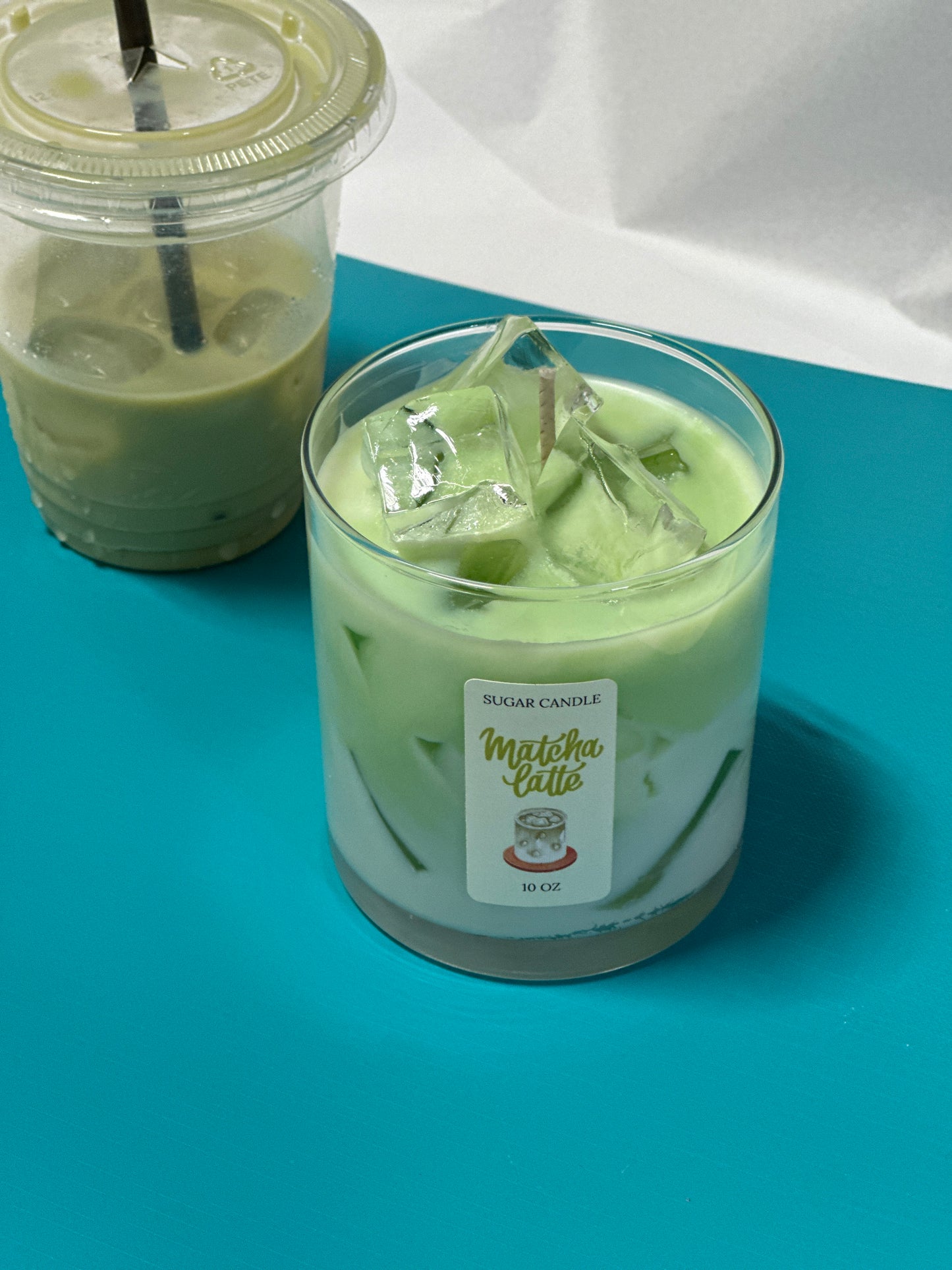 Matcha Latte Soy Candle – Handcrafted Dessert Candle with Ice Cube Look
