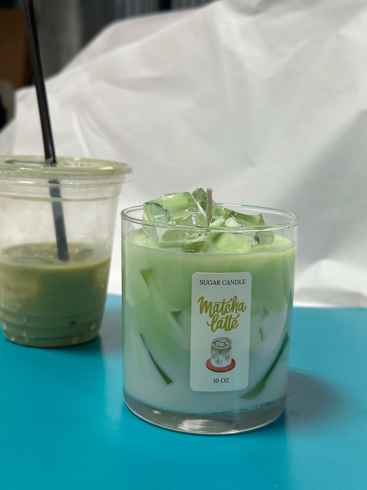 Matcha Latte Soy Candle – Handcrafted Dessert Candle with Ice Cube Look