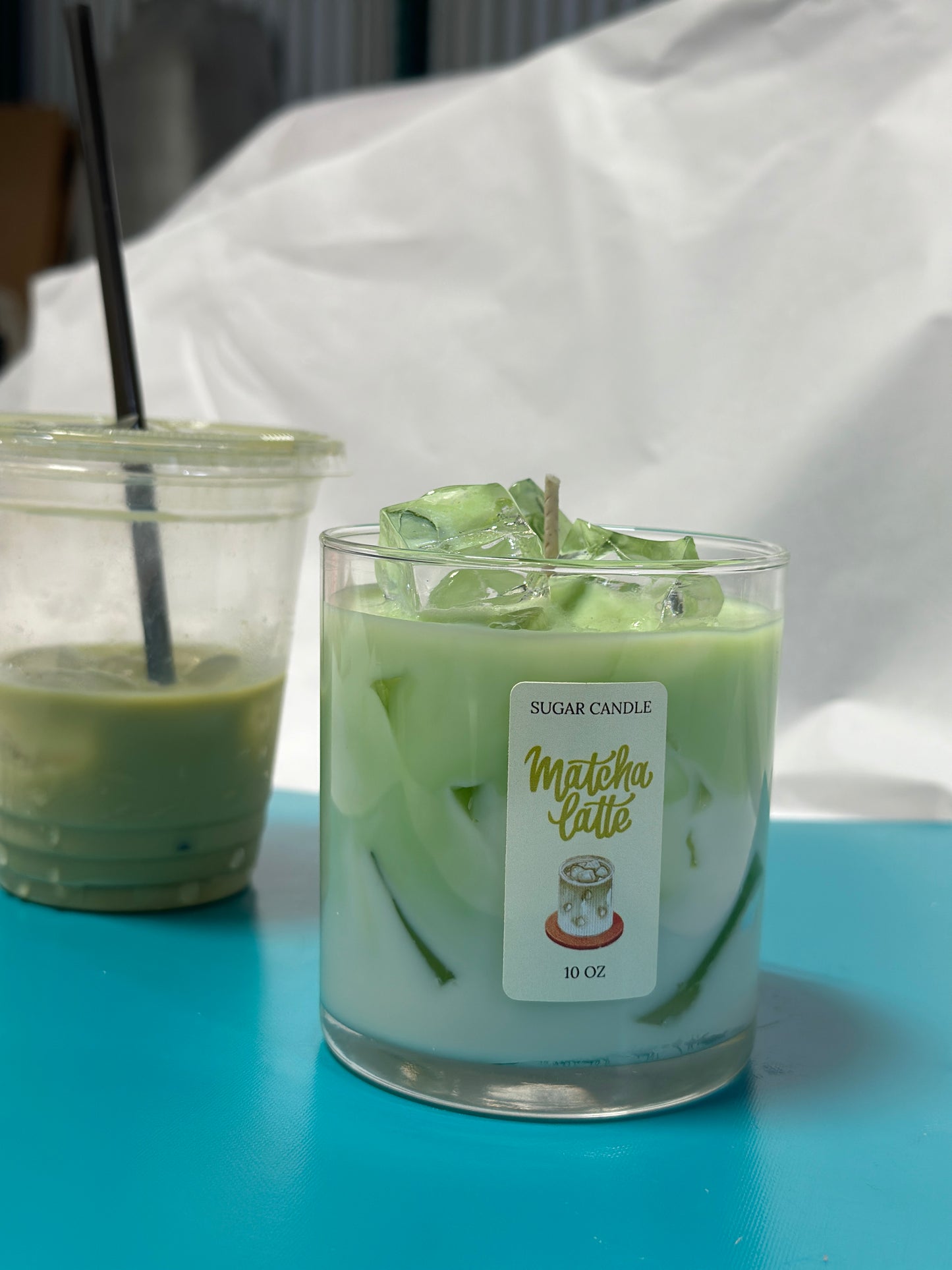 Matcha Latte Soy Candle – Handcrafted Dessert Candle with Ice Cube Look