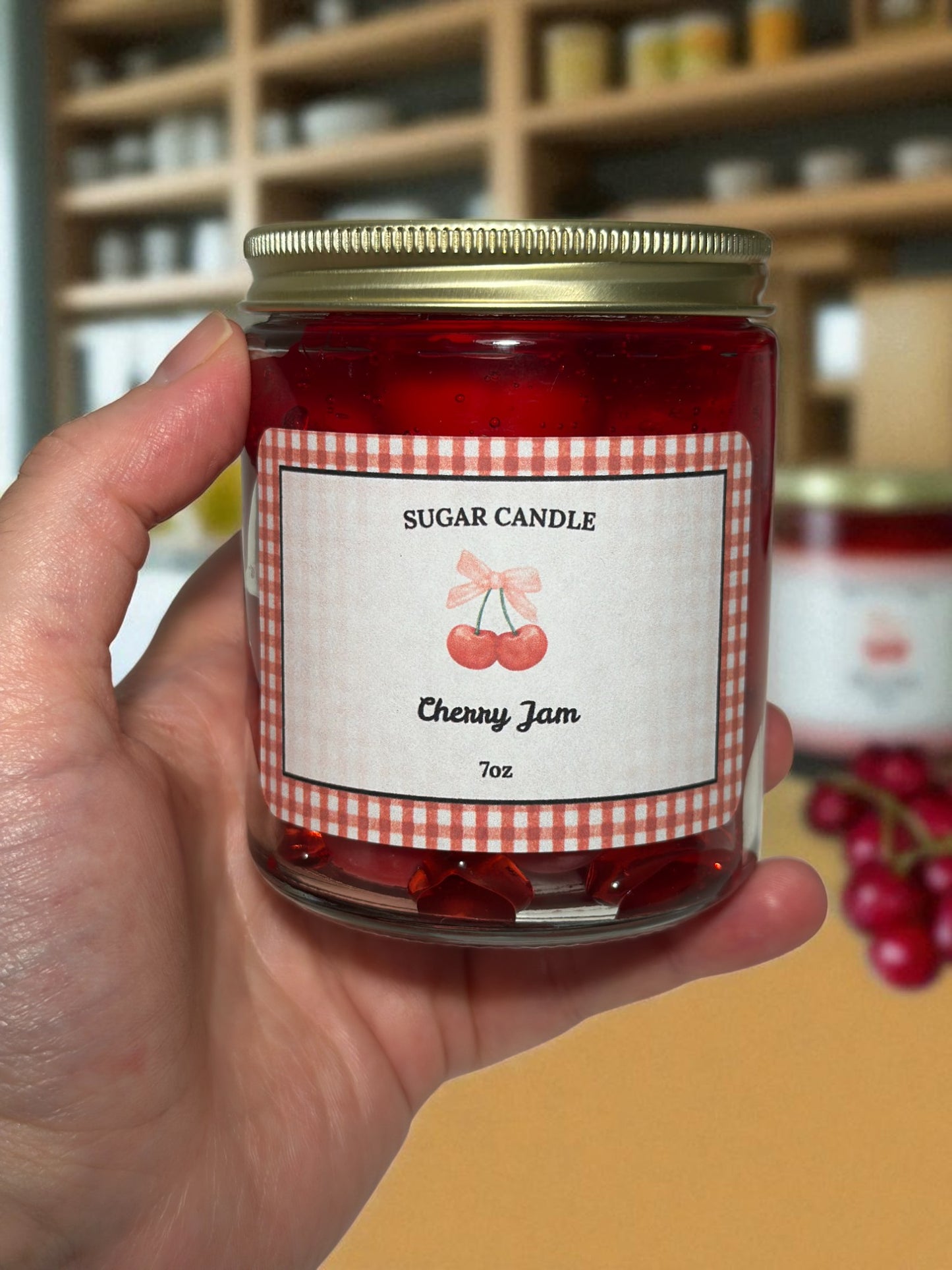 Cherry Jam Candle – Handmade Soy & Gel Wax | Fresh Cherry Scent, Golden Lid, 3.5 oz & 7 oz - Sugar Candle