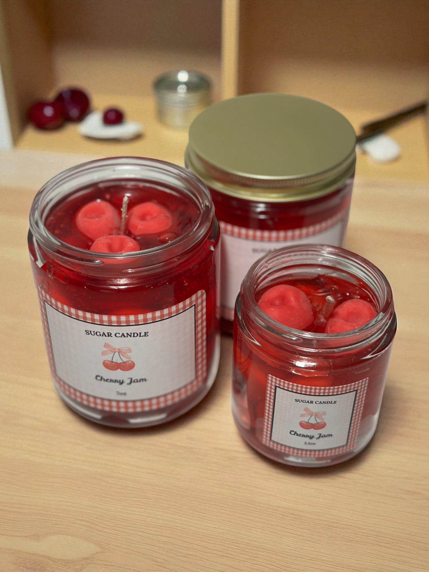 Cherry Jam Candle – Handmade Soy & Gel Wax | Fresh Cherry Scent, Golden Lid, 3.5 oz & 7 oz - Sugar Candle