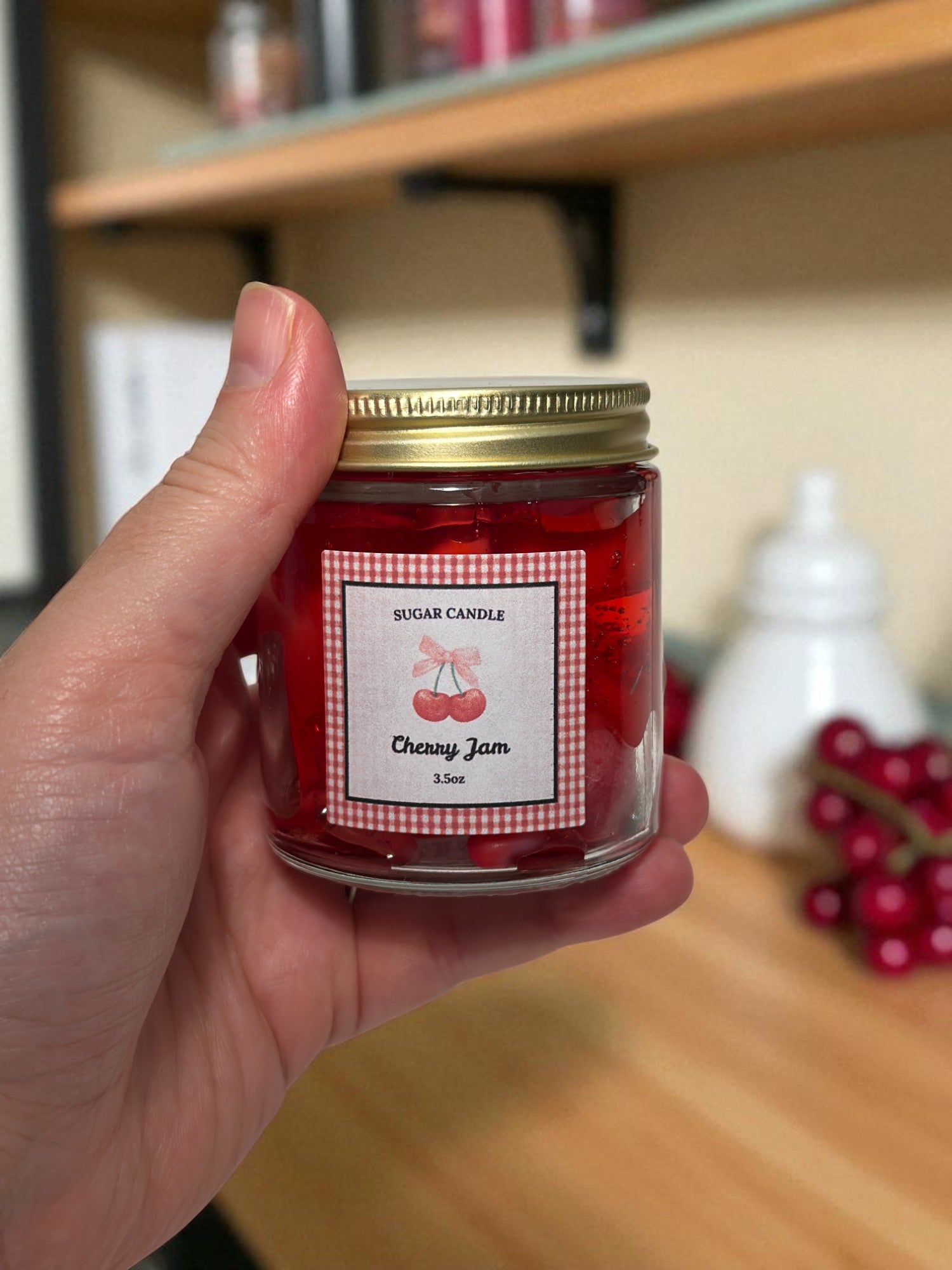 Cherry Jam Candle – Handmade Soy & Gel Wax | Fresh Cherry Scent, Golden Lid, 3.5 oz & 7 oz - Sugar Candle