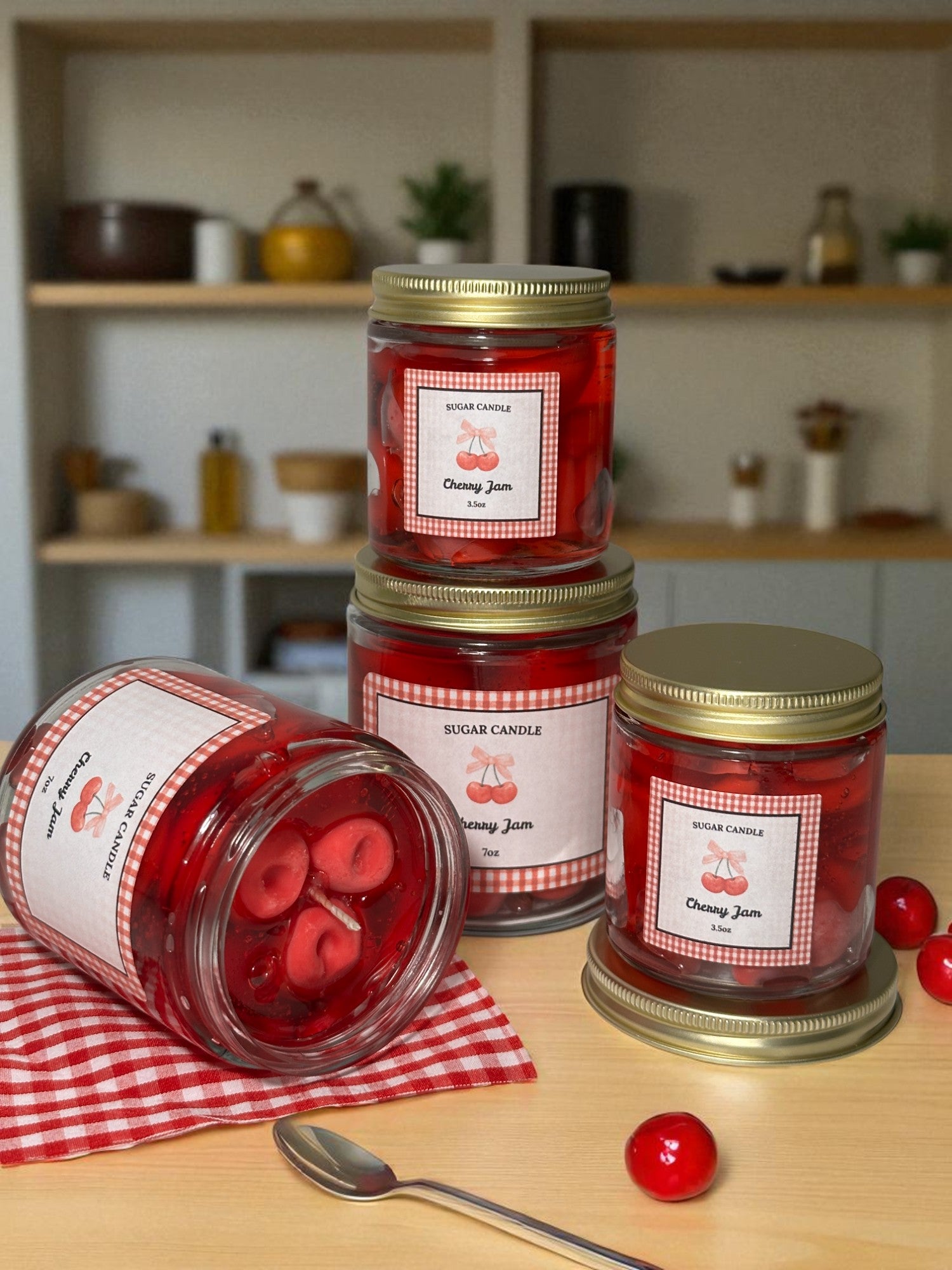 Cherry Jam Candle – Handmade Soy & Gel Wax | Fresh Cherry Scent, Golden Lid, 3.5 oz & 7 oz - Sugar Candle