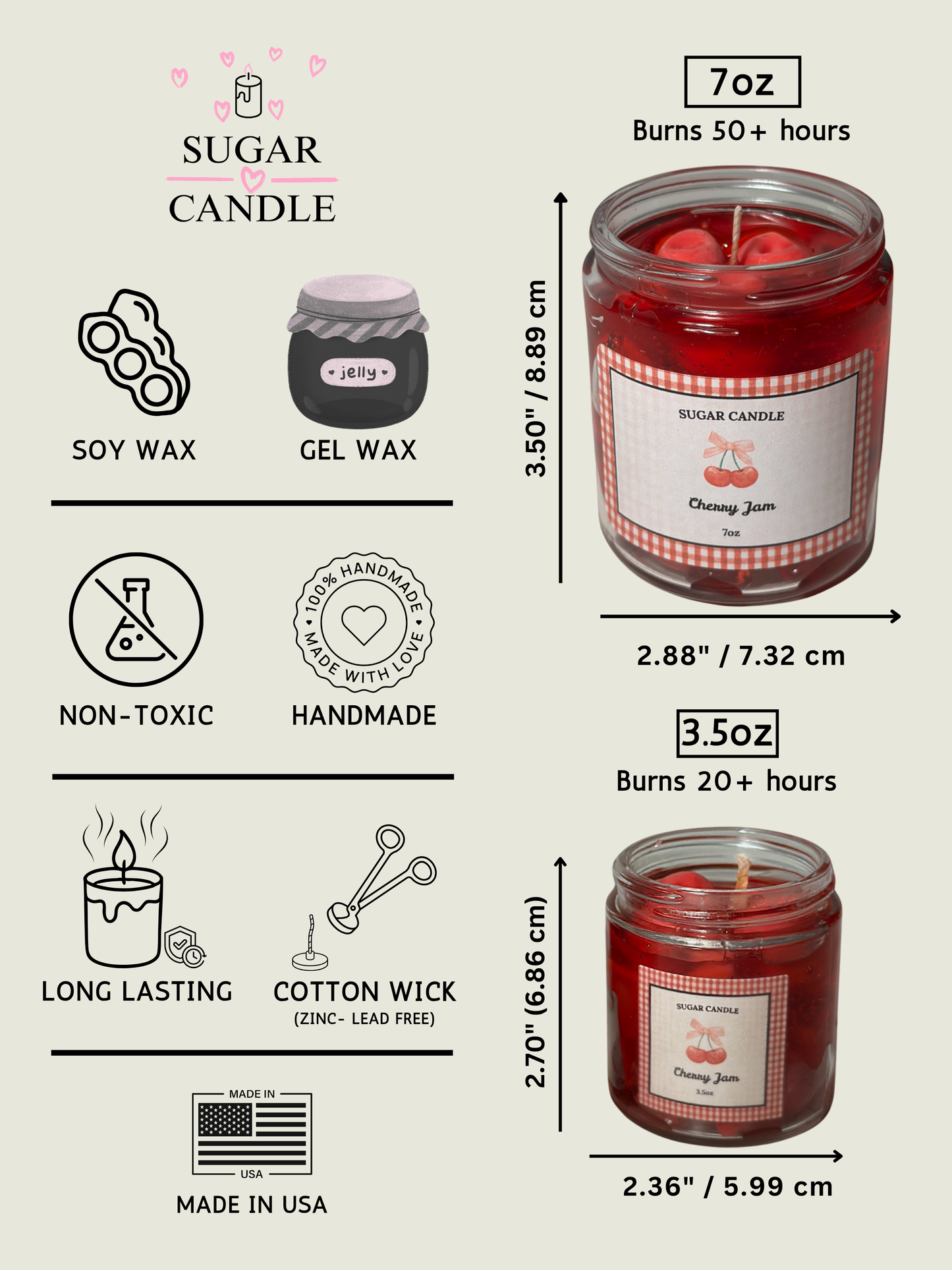 Cherry Jam Candle – Handmade Soy & Gel Wax | Fresh Cherry Scent, Golden Lid, 3.5 oz & 7 oz