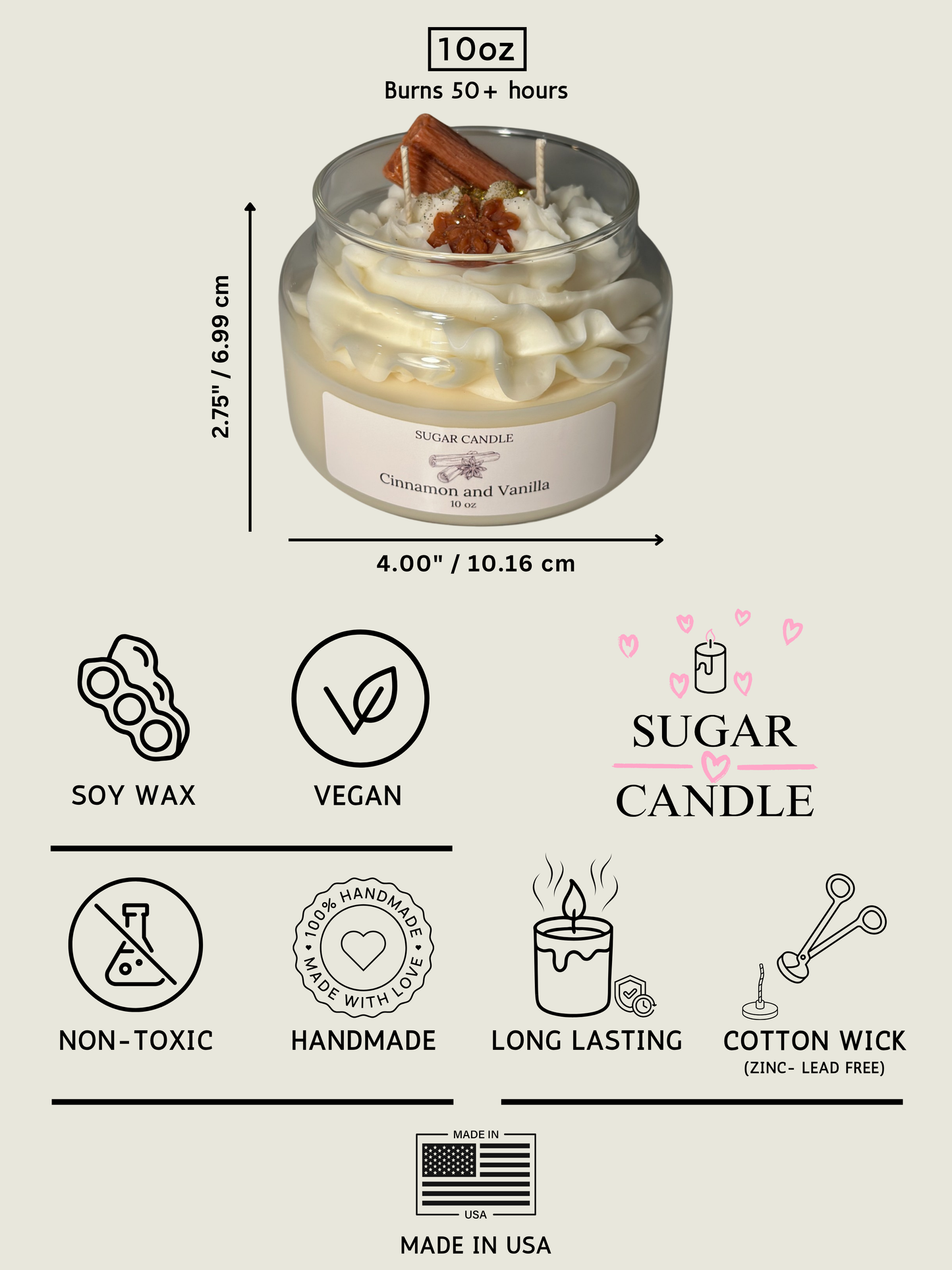 Cinnamon Vanilla Whipped Candle – warm cinnamon scented candle for gifts & home decor