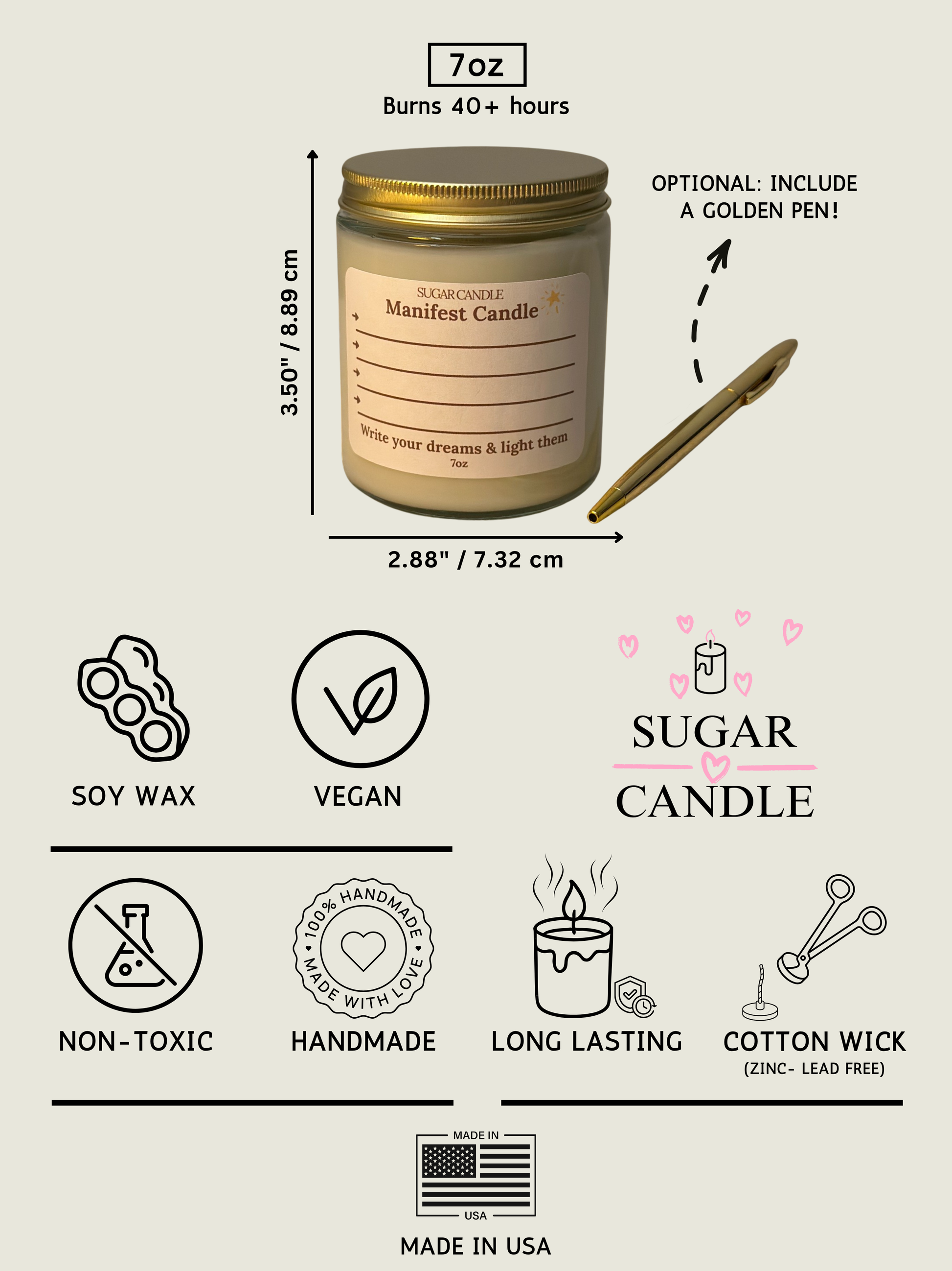 Manifest candle with dimensions, features, and branding details on a light gray background