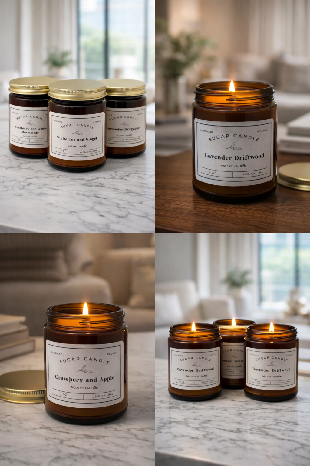 Collage of various candles with labels on a marble surface and in a living room setting.