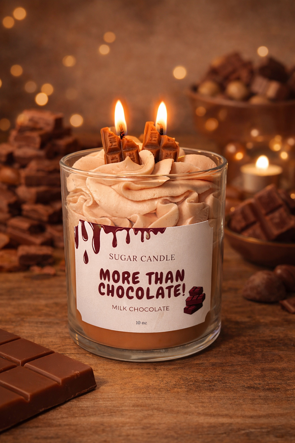 Candle labeled 'More Than Chocolate' with chocolate-themed decorations on a wooden surface.