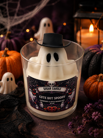 Cute But Spooky ghost candle with black cowboy hat