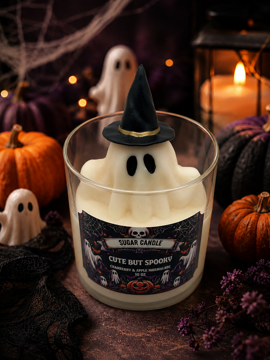 Cute But Spooky ghost candle with black witch hat