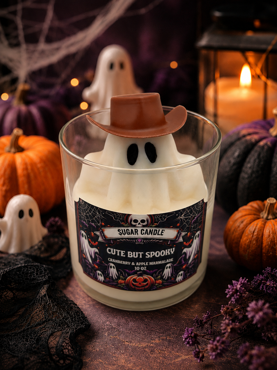 Cute But Spooky ghost candle with brown cowboy hat