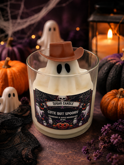 Cute But Spooky ghost candle with brown cowboy hat