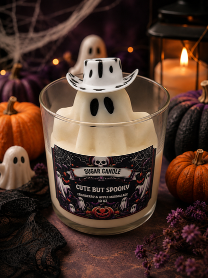 Cute But Spooky ghost candle with cow print cowboy hat
