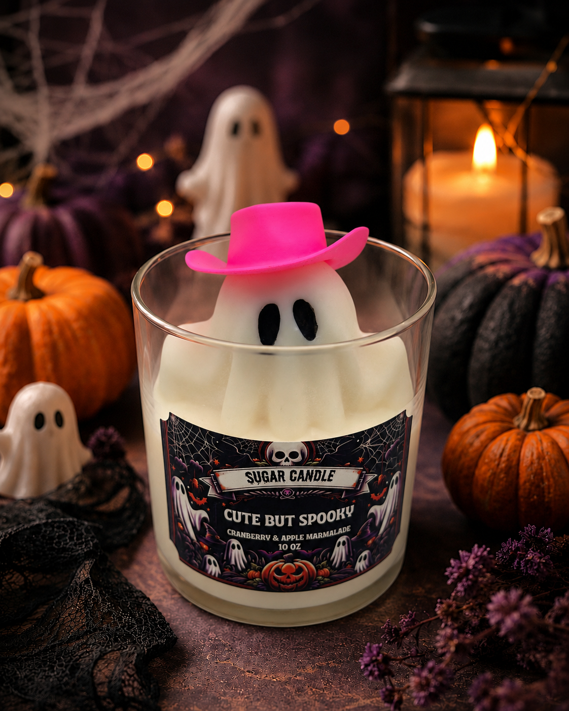 Cute But Spooky ghost candle with pink cowboy hat