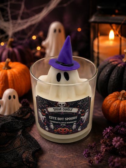Cute But Spooky ghost candle with purple witch hat