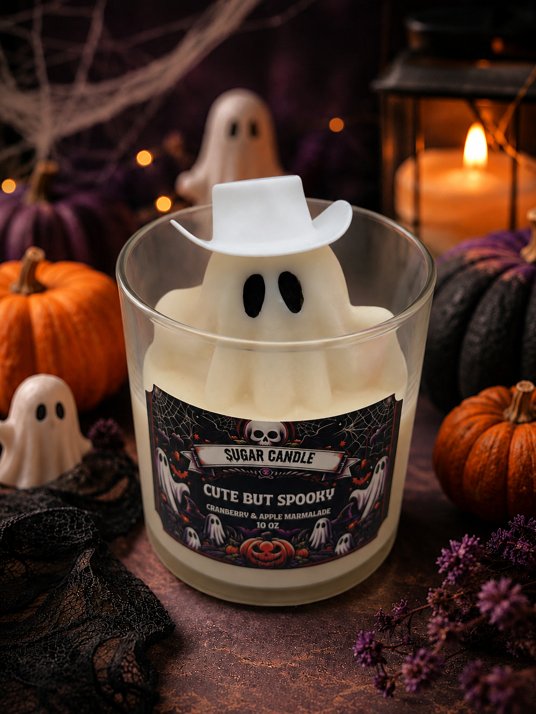 Cute But Spooky ghost candle with white cowboy hat