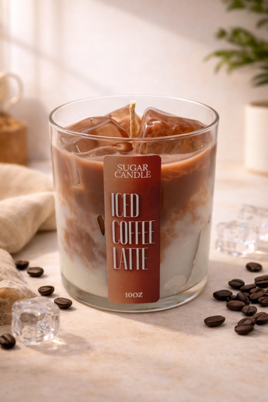 Glass candle labeled 'ICED COFFEE LATTE' with coffee beans and ice cubes on a light surface.