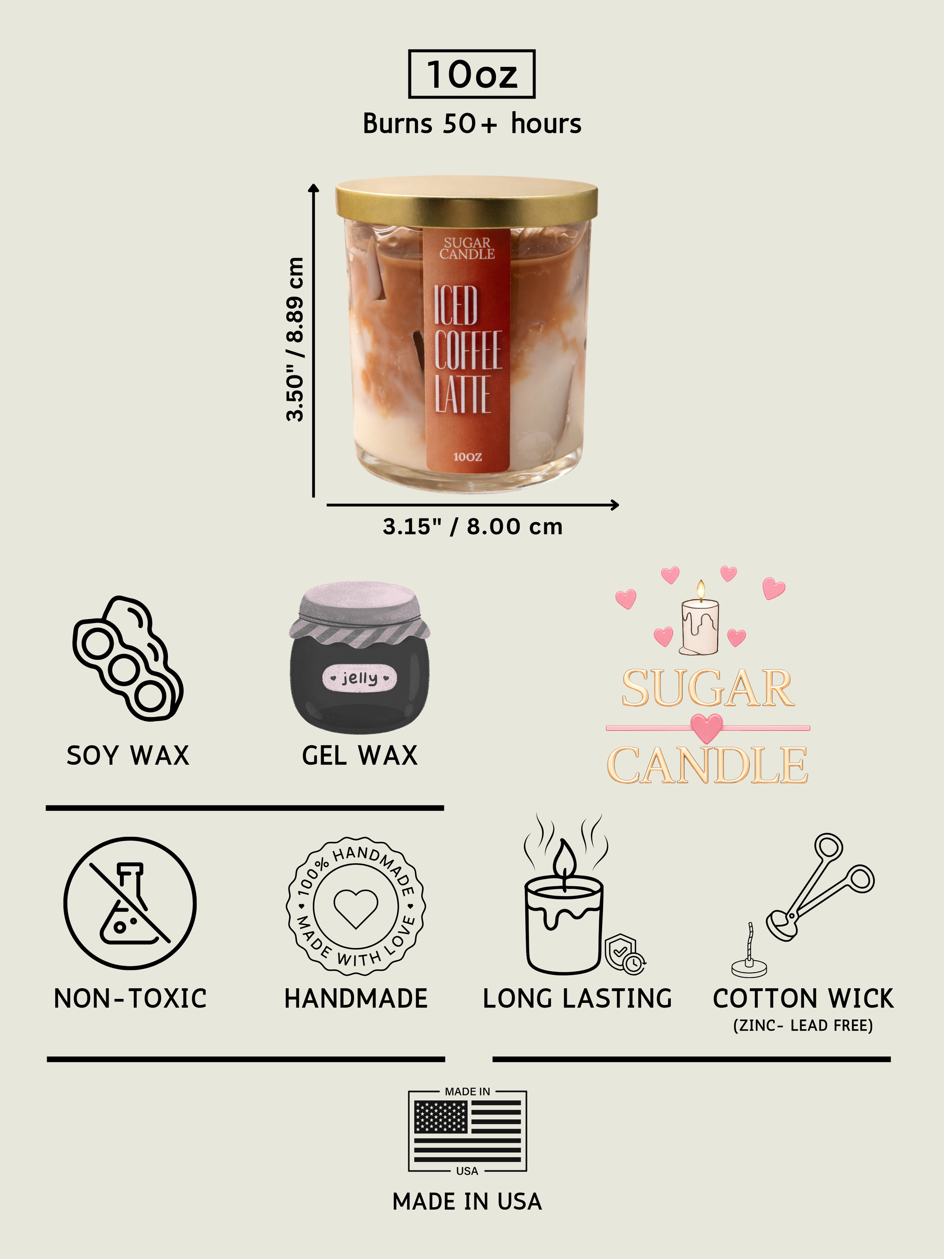 Candle packaging with dimensions, features, and branding details on a white background