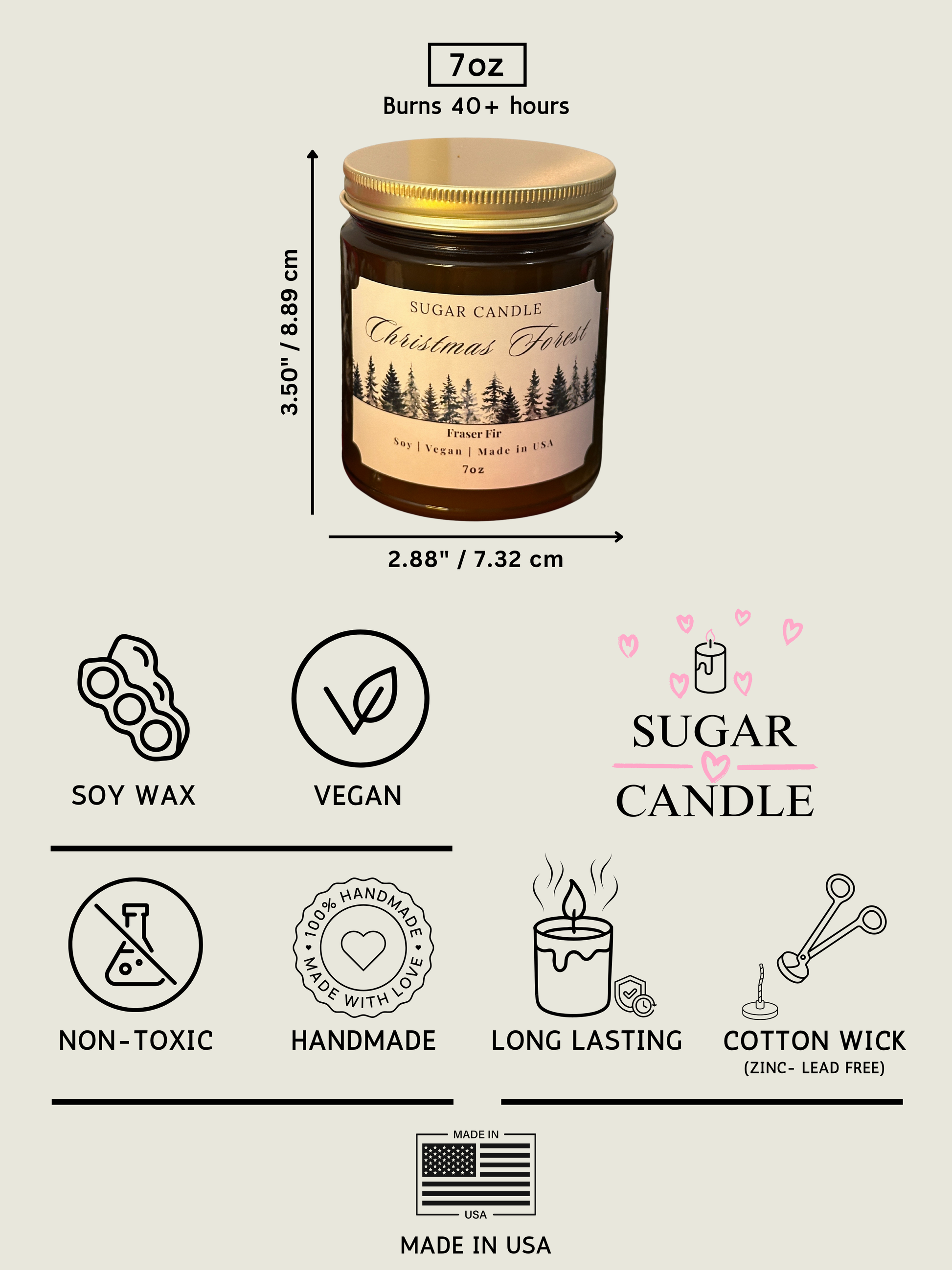 Sugar Candle jar with dimensions, features, and icons on a beige background