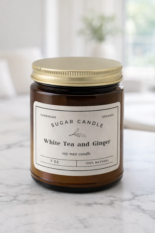 Jar of 'White Tea and Ginger' candle on a marble surface with a blurred background